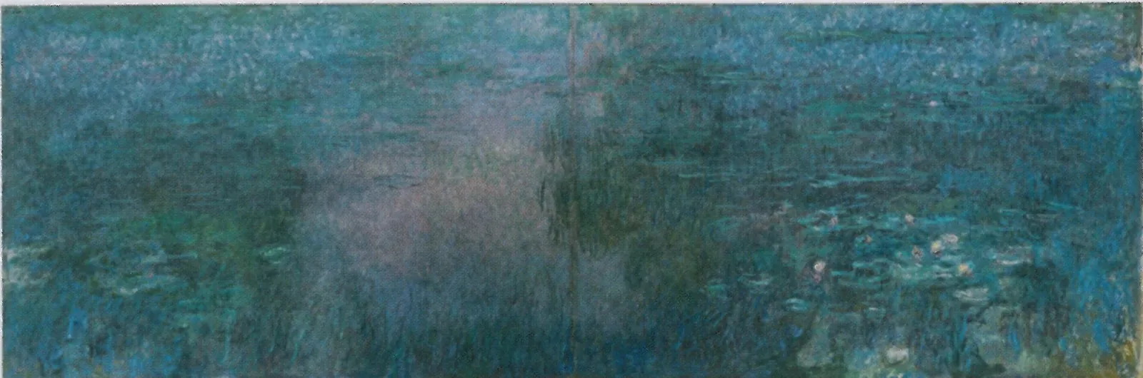 Claude Monet's two-panel painting Water-Lily Pond: a wide stretch of dark green and blue water with pale reflections and scattered lily pads