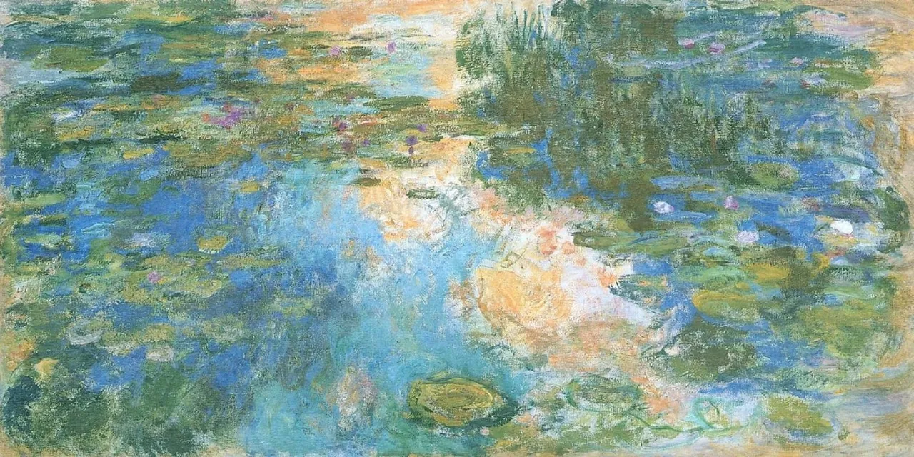 Monet's Water-Lily Pond of 1917–19: lily pads on blue water reflecting pink and gold clouds