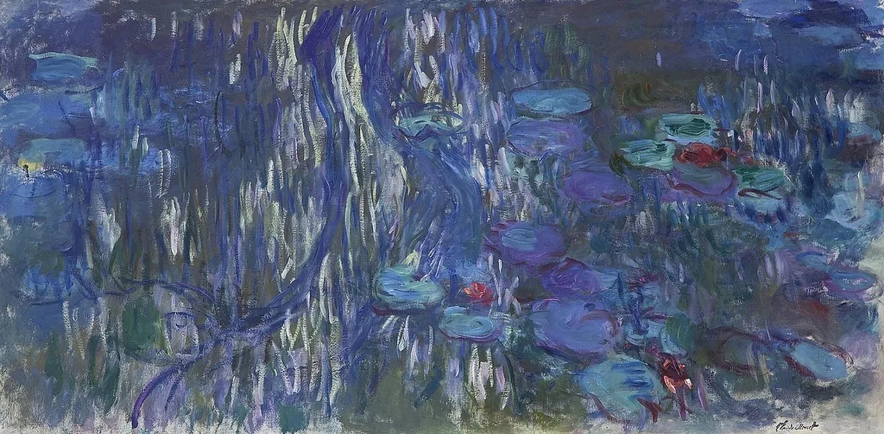Monet's Water Lilies, Reflections of Weeping Willows: violet-blue water with hanging willow reflections and red-tinged lily pads